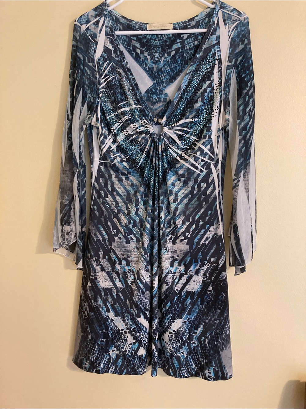 Blue Abstract-Print Long Sleeve Knot-Front Dress